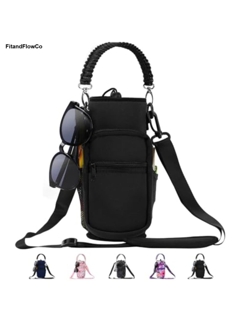 Neoprene Water Bottle Carrier Bag with 4 Pockets Paracord Handle Shoulder Strap